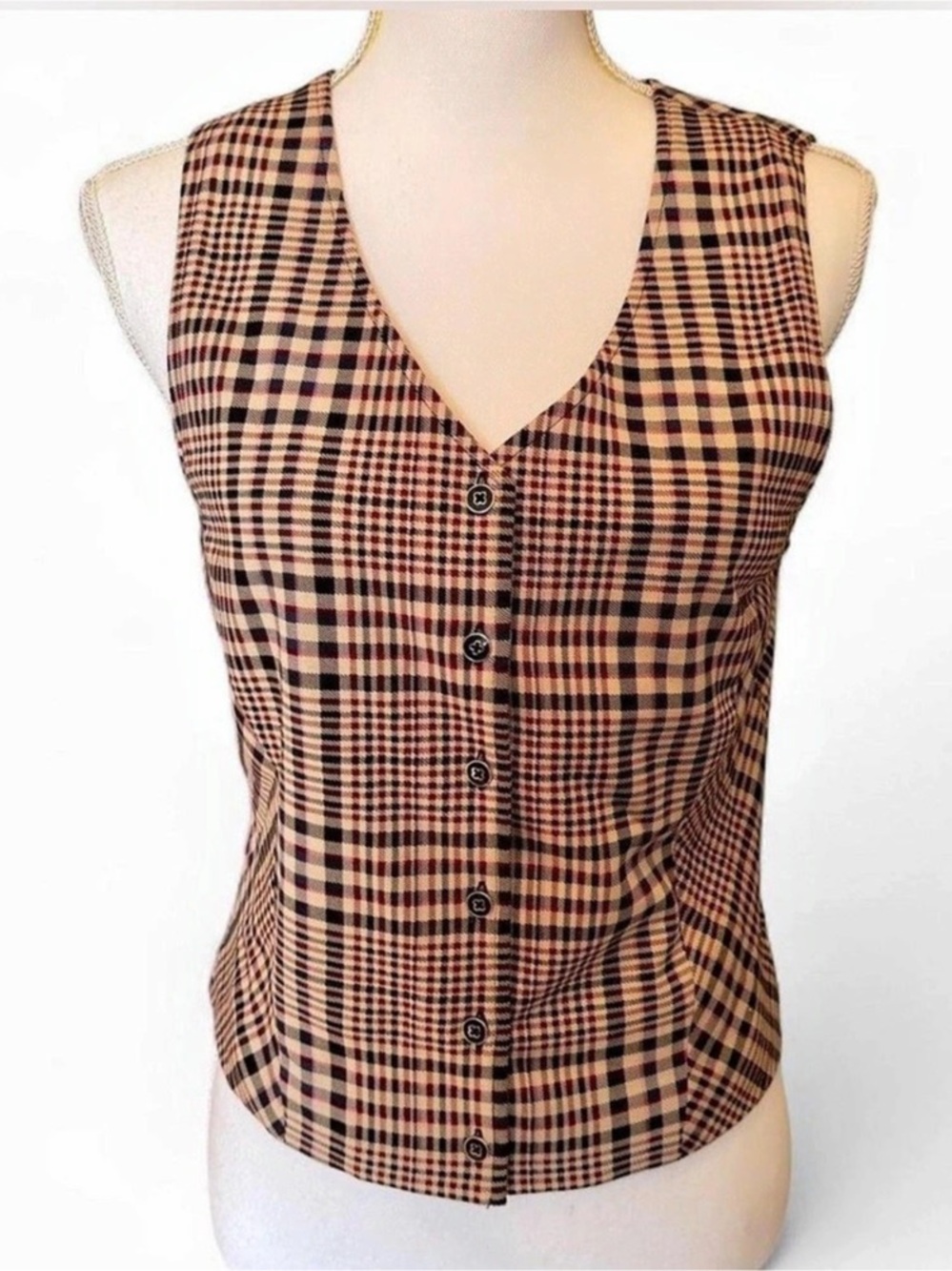 Cabi 90’s Y2K Black, Red & Tan Plaid Button Down Sleeveless Suit Vest Size S